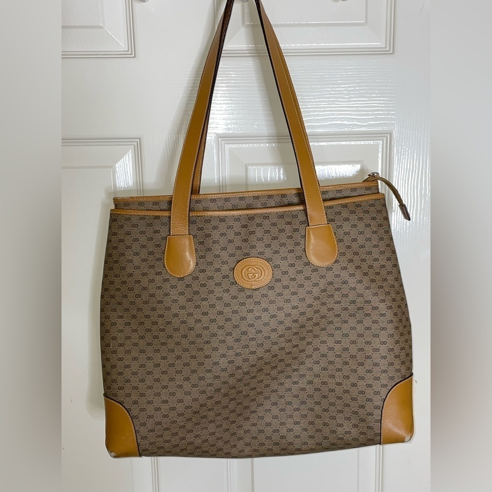 GUCCI Micro GG Logo Large Shoulder Handbag Tote Purse PVC Tan Leather‌